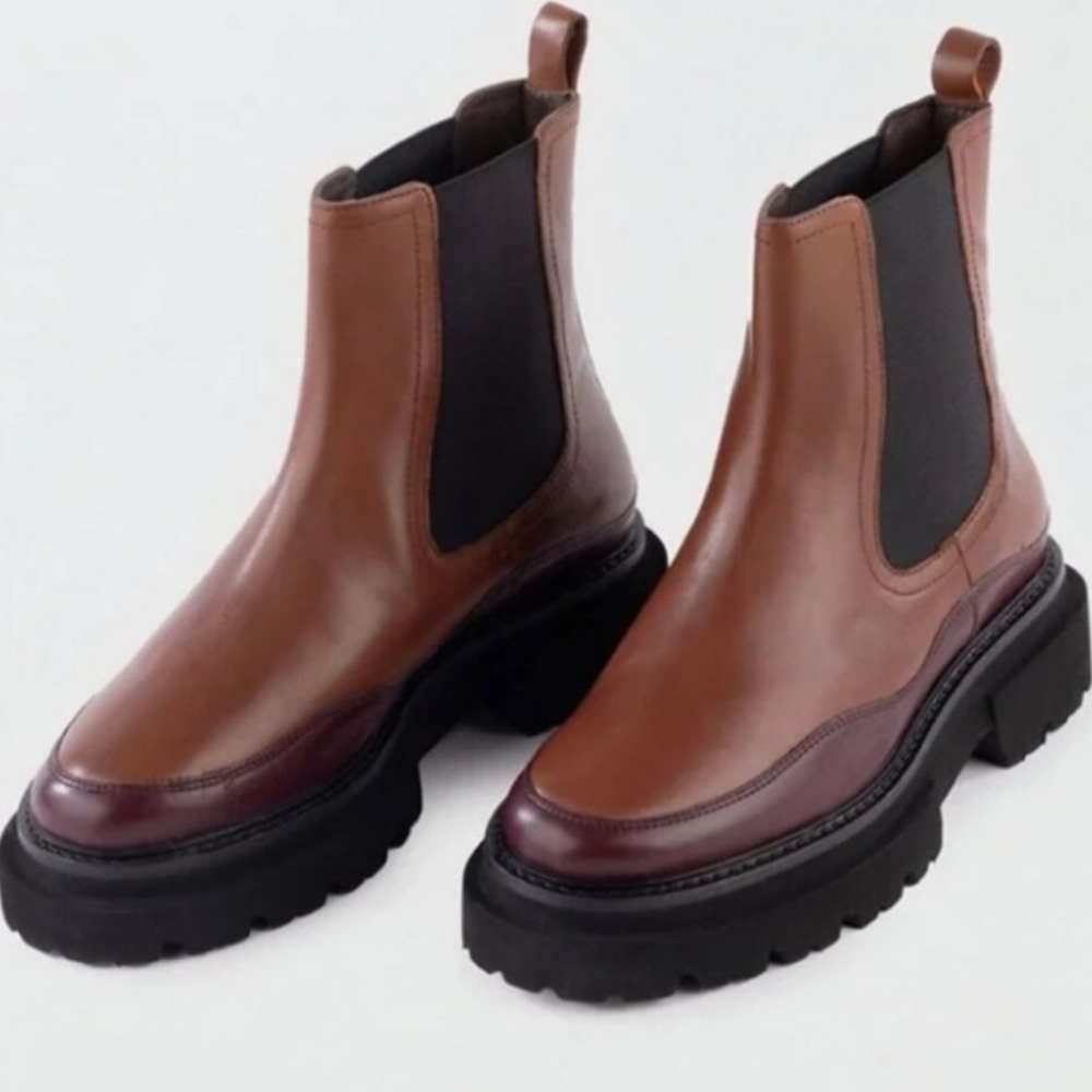 SEYCHELLES Savor The Moment Leather Ankle Boot, NIB, SZ 8, Brown w/Black & Burg